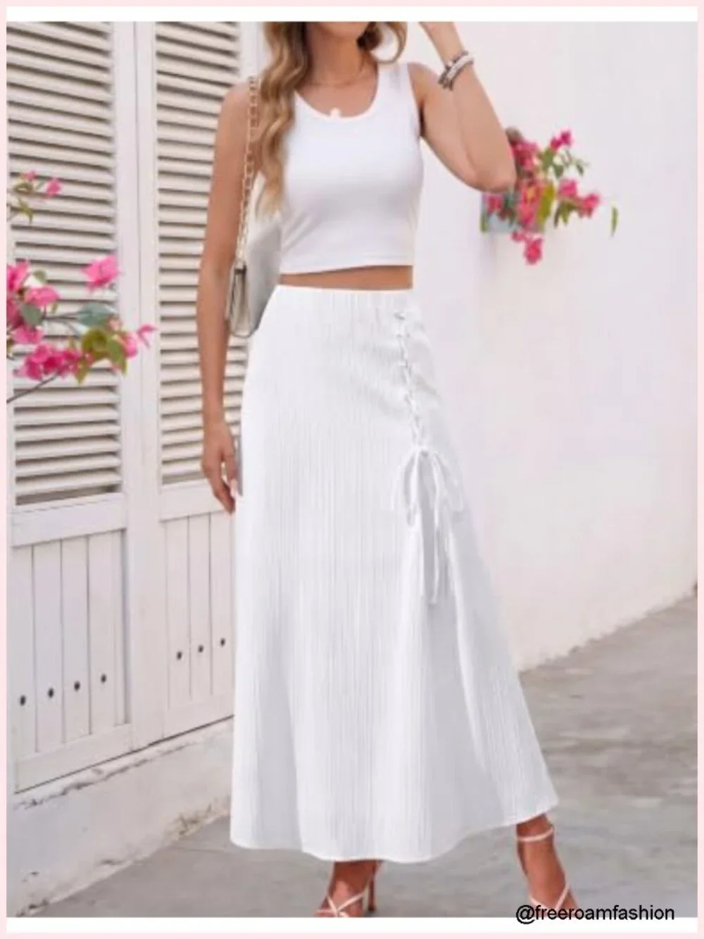 Flowy High Waisted A-Line Midi Skirt with Tie Front